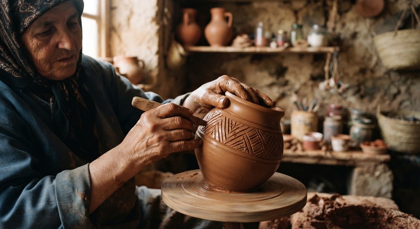 Mains d'artisane façonnant une poterie traditionnelle dans un atelier