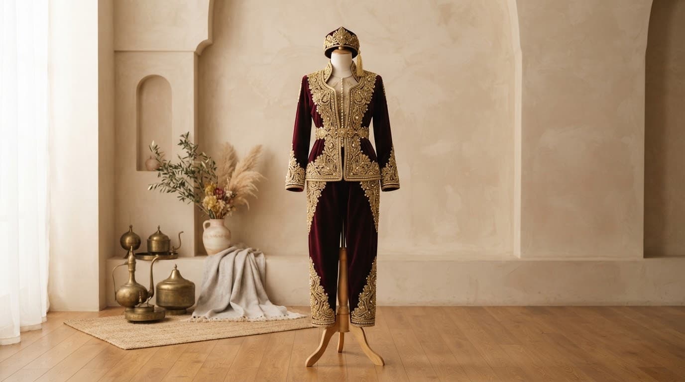 Karakou algérois brodé de fil d'or présenté sur un mannequin
