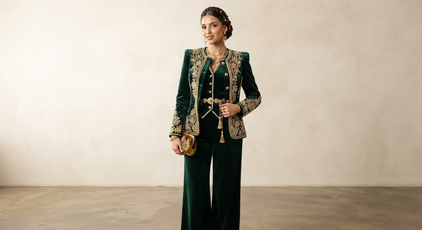 Mannequin portant une réinterprétation contemporaine du Karakou algérien