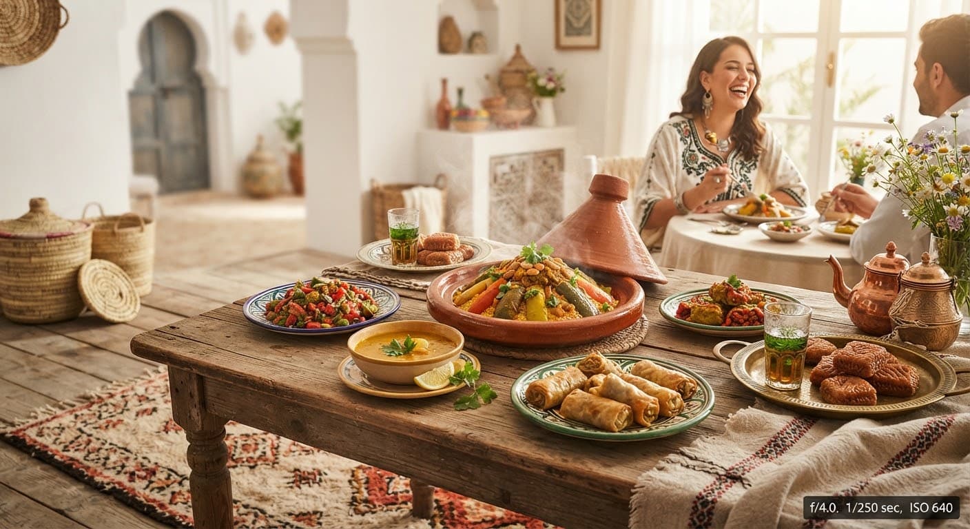 Table dressée de plats algériens traditionnels, lumière chaude