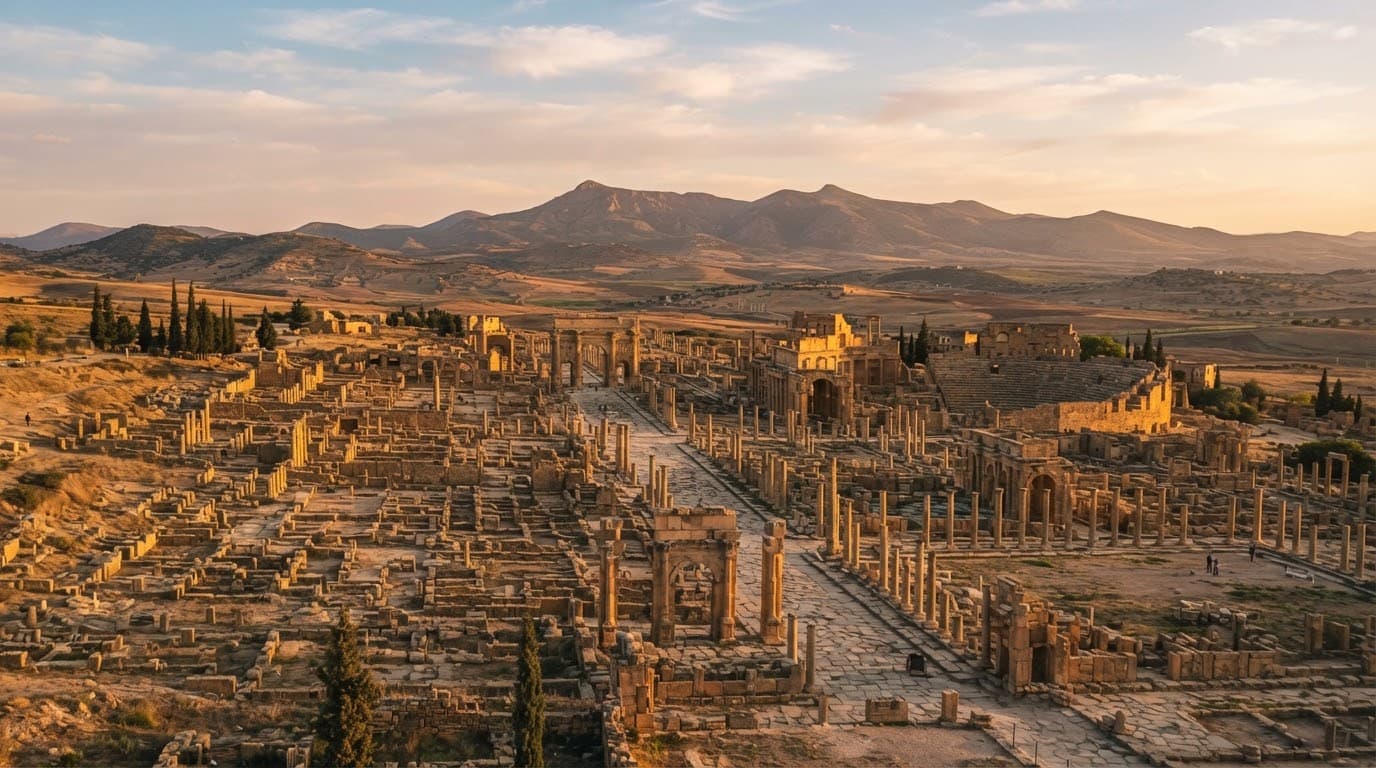 Ruines antiques de Timgad à l'heure dorée