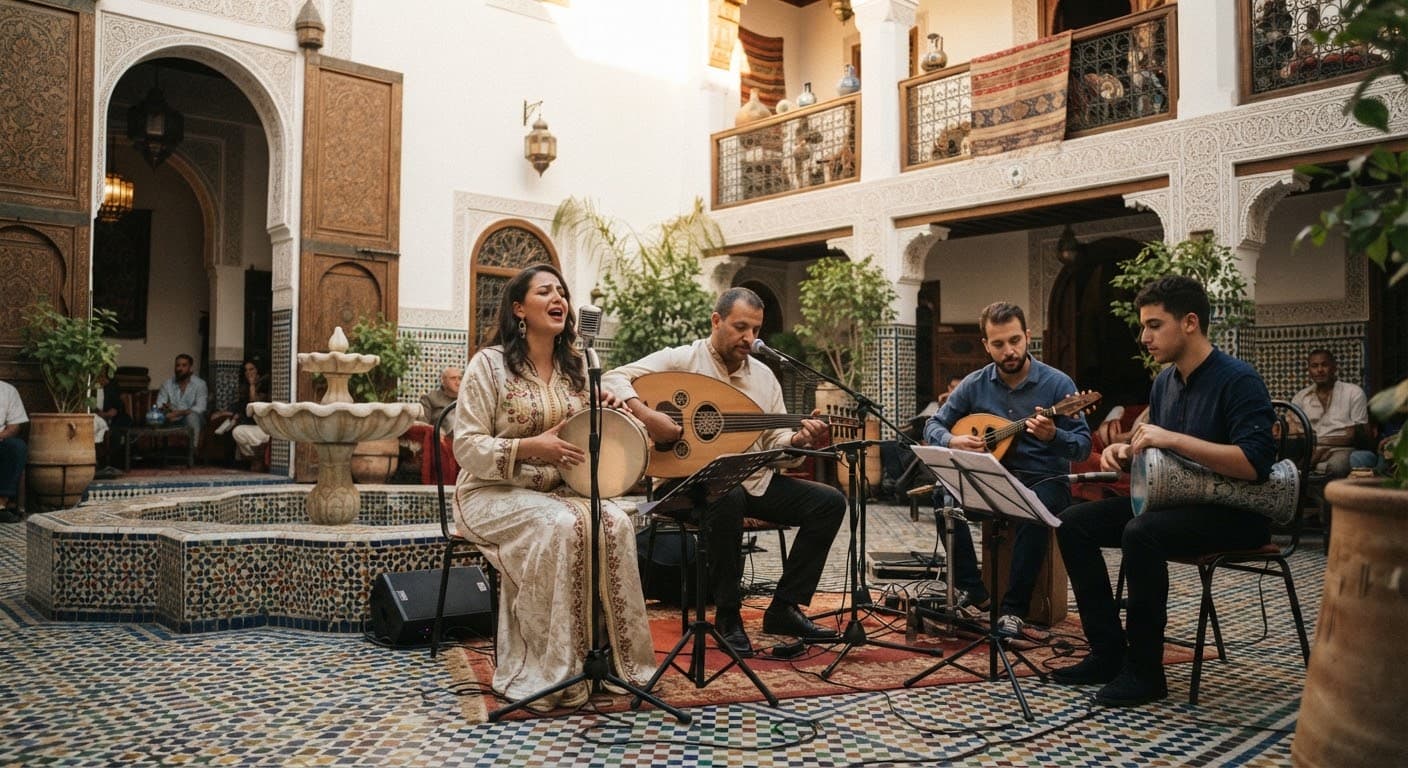 Ensemble musical algérien contemporain jouant dans une cour à mosaïques