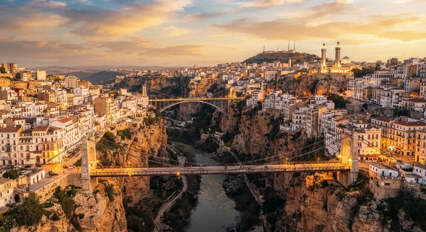 Vue panoramique de Constantine et de ses ponts suspendus à l'heure dorée