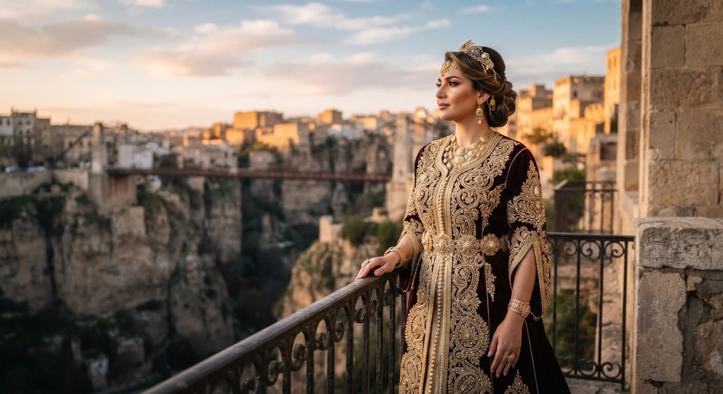Gandoura Fergani en velours brodé d'or, portée sur un balcon de Constantine