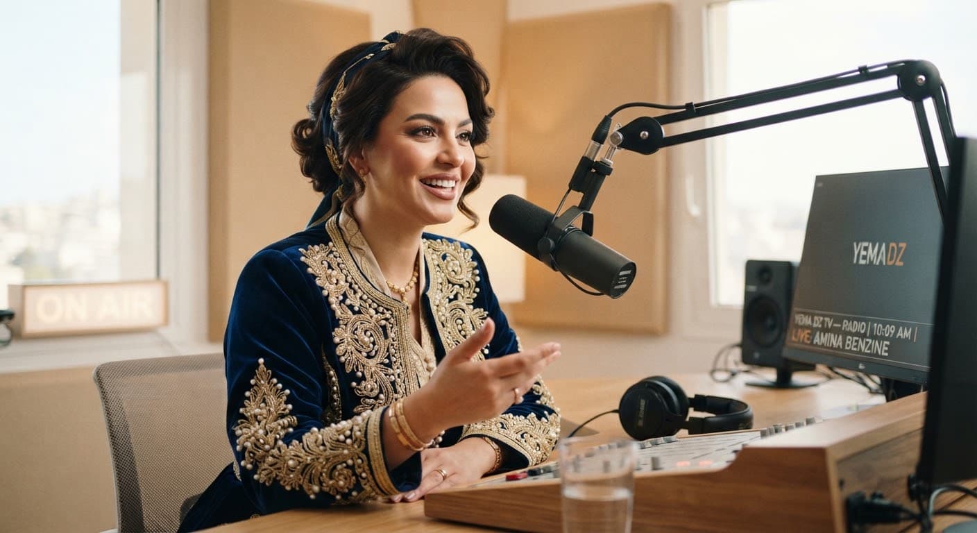 Femme algérienne en tenue traditionnelle contemporaine parlant dans un micro de radio