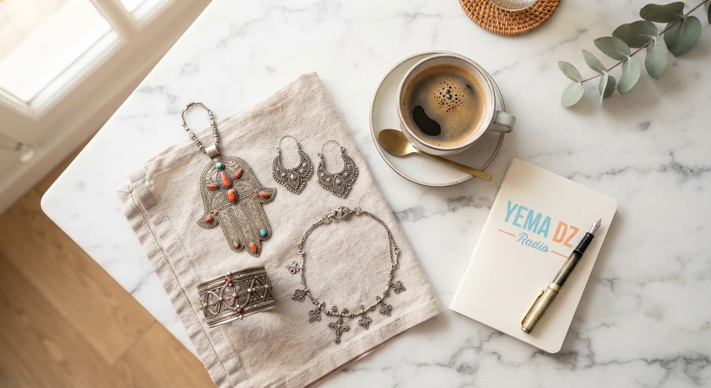 Bijoux algériens anciens et tasse de café posés sur un marbre texturé