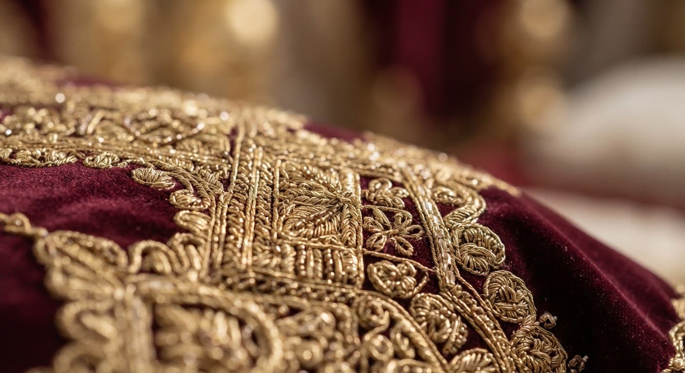 Macro d'une broderie algérienne au fil d'or sur tissu bordeaux