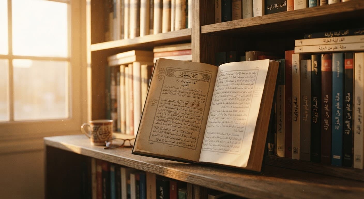 Étagère de livres avec un ouvrage ouvert en caractères arabes