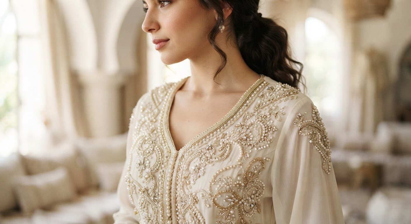 Blouza oranaise en soie fluide claire ornée de perles délicates