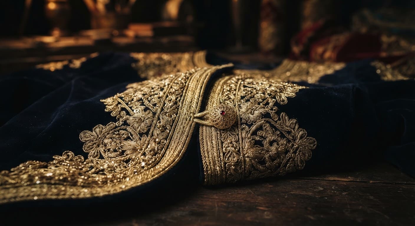 Veste Karakou en velours brodée de fil d'or, lumière sombre et feutrée