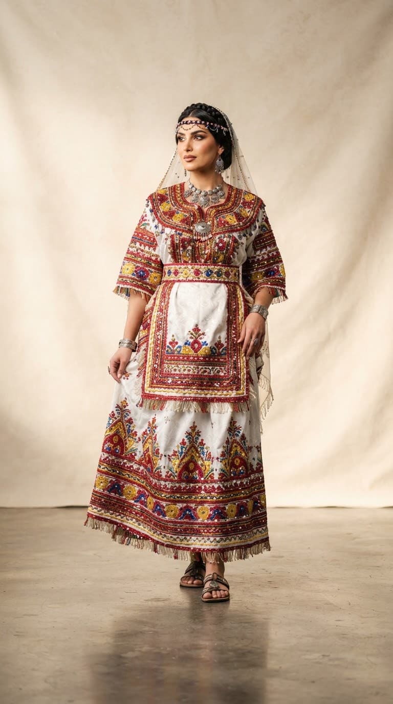 Robe kabyle brodée aux couleurs vives portée devant un fond ivoire